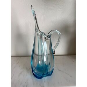 Vintage Mid Century Swung Wavy Teal Blue Art 12" Glass Vase Pitcher READ